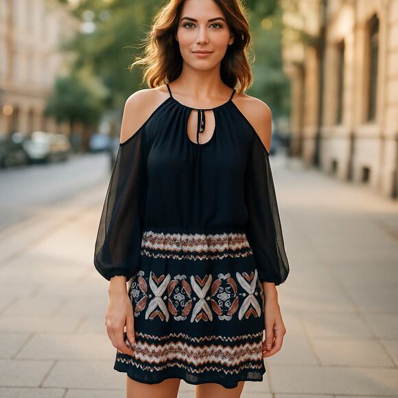 As U Wish black brown sequin tribal open sleeve shift blouson mini dress large - Picture 1 of 13